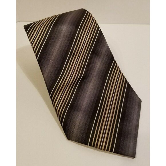 Van Heusen 100% Silk Tie Striped Gold Black Gray 60" - Picture 1 of 3